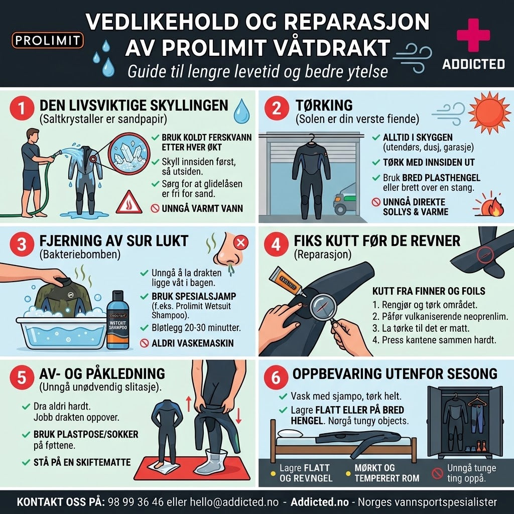 Infografikk fra Addicted.no som viser en komplett guide til vedlikehold, vask og reparasjon av Prolimit våtdrakt for lengre levetid.