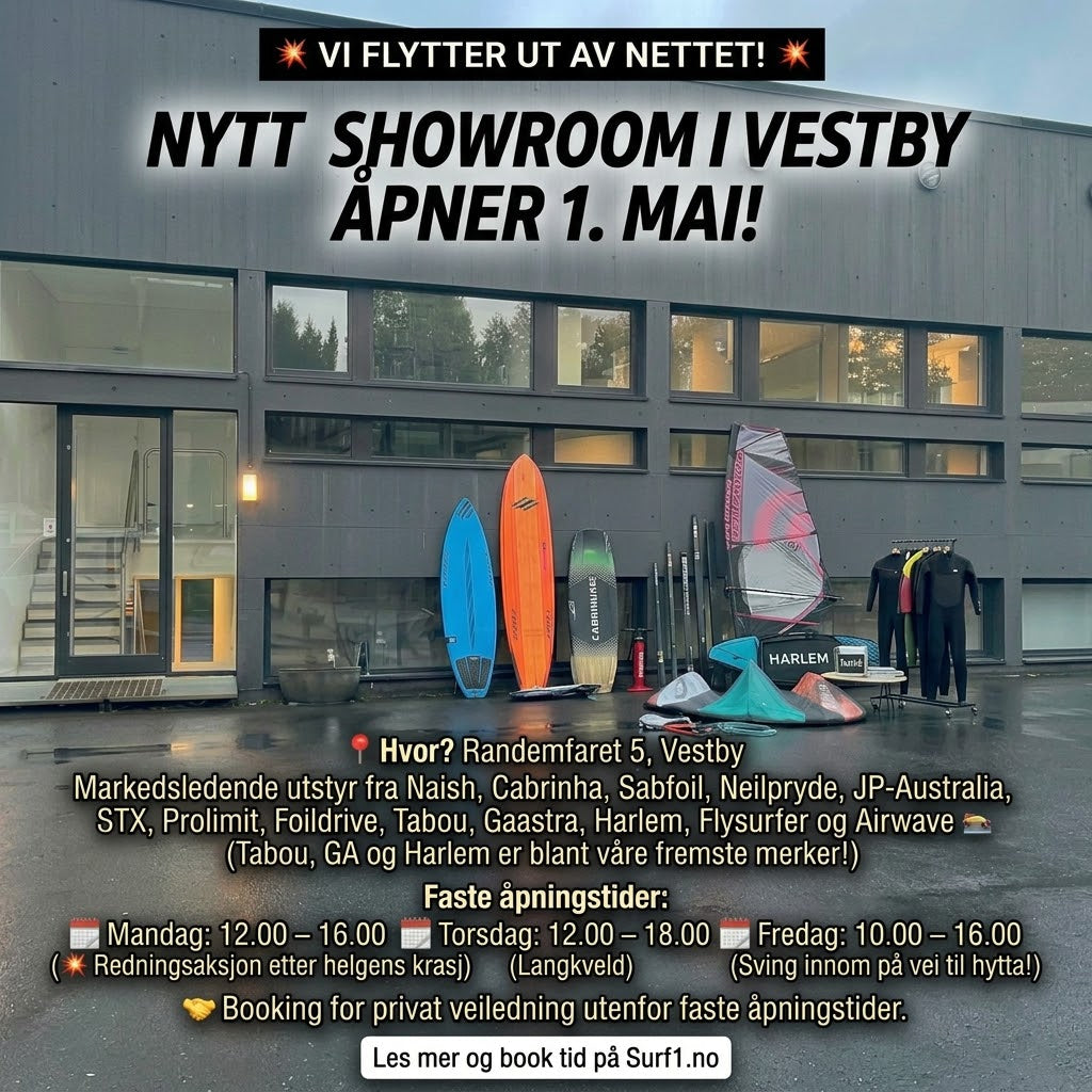 "Surf1 nytt showroom i Randemfaret 5 Vestby. Utstilling av foil, windsurf og kiteutstyr fra Naish, Sabfoil, Cabrinha og NeilPryde."